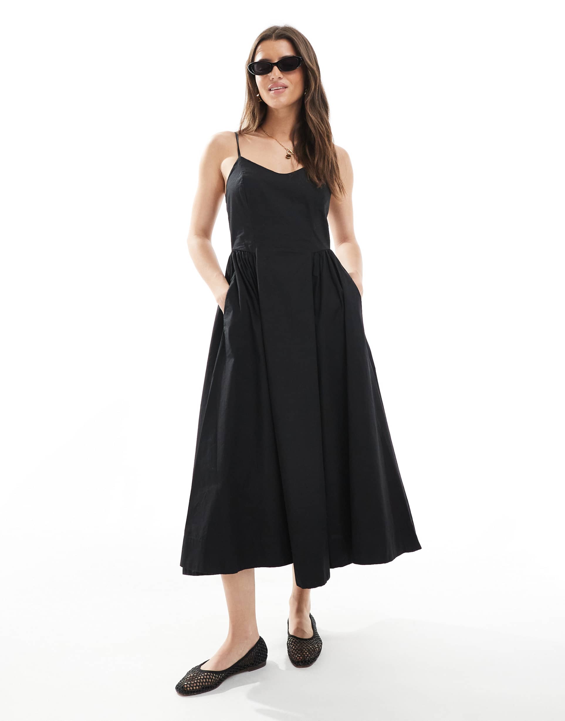 threadbare v-neck cotton rich midi dress with drop waist in black