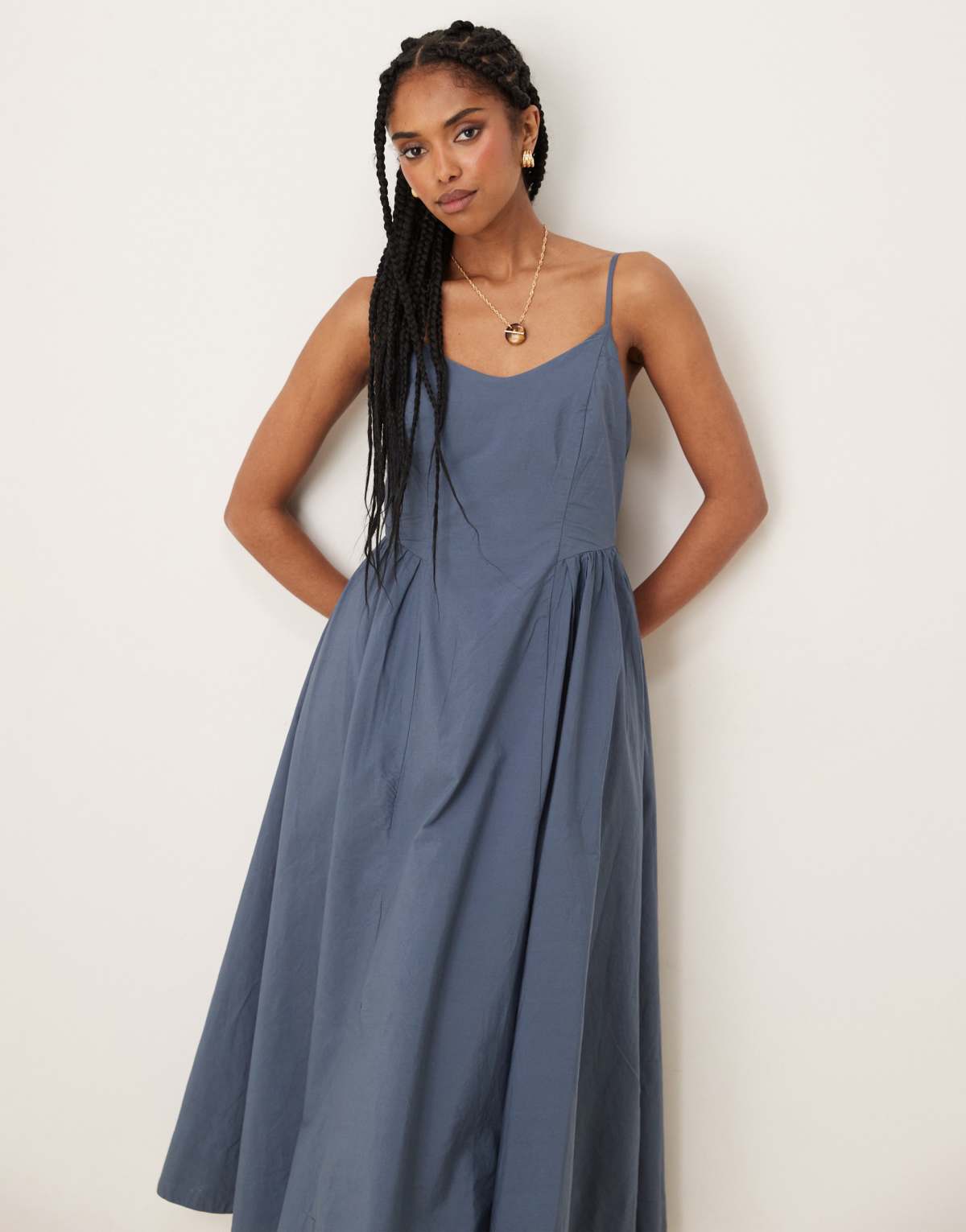 Threadbare v-neck cotton rich midi dress with drop waist in blue
