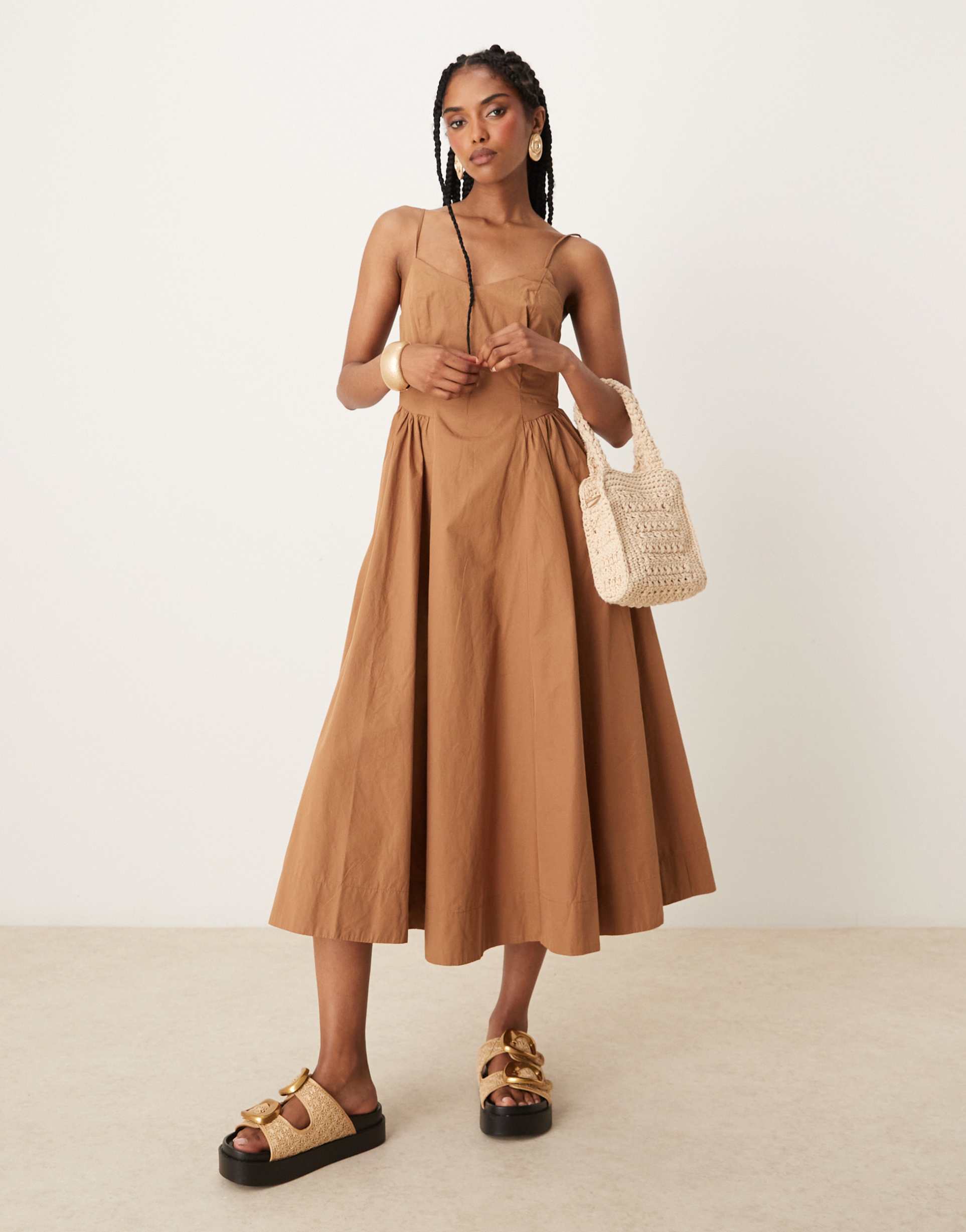 threadbare v-neck cotton rich midi dress with drop waist in brown