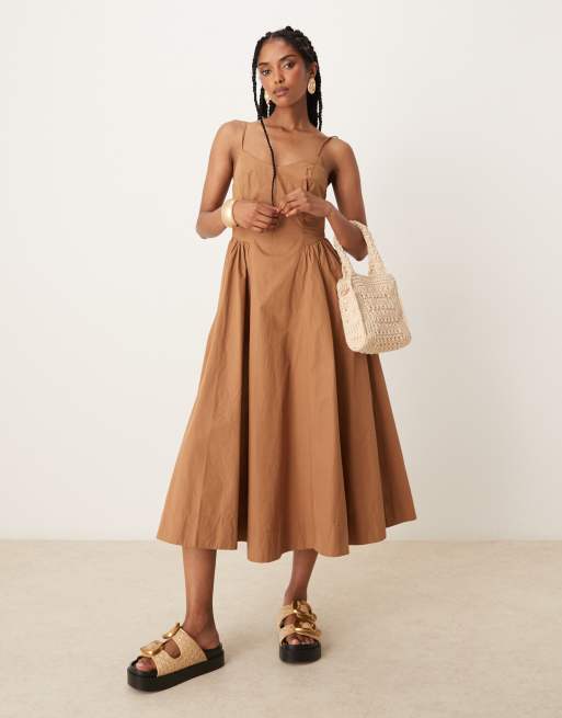 Threadbare v-neck cotton rich midi dress with drop waist in brown