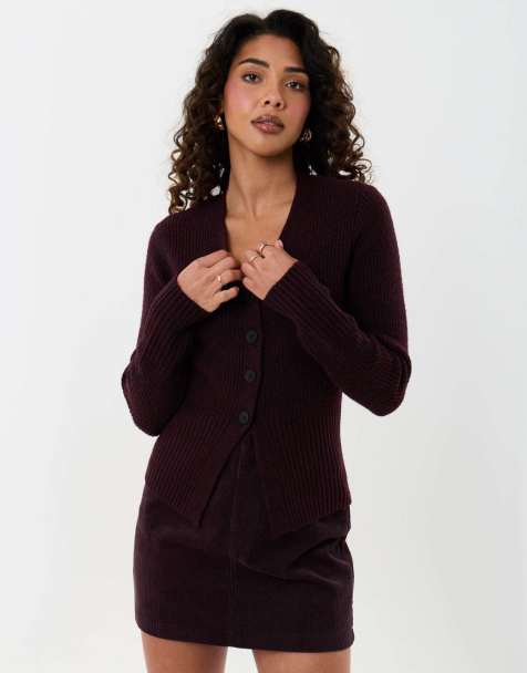 Threadbare V neck knitted cardigan in plum - view 1