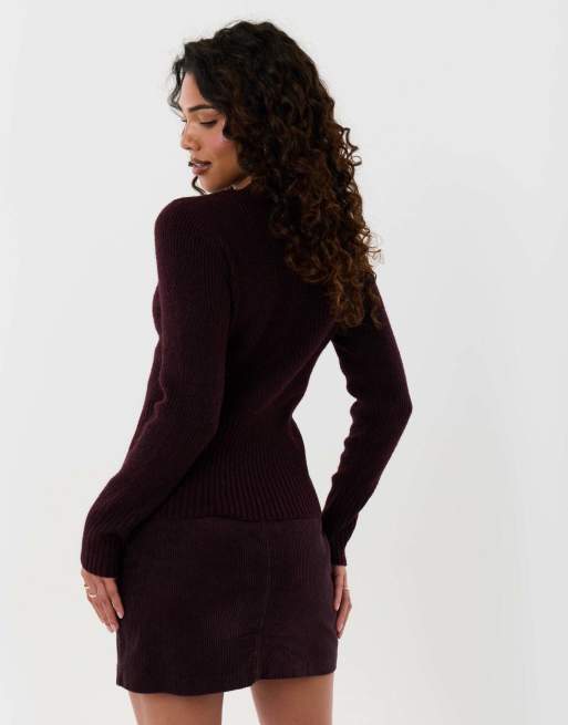Threadbare V neck knitted cardigan in plum, 2 of 5