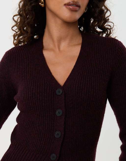 Threadbare V neck knitted cardigan in plum, 3 of 5