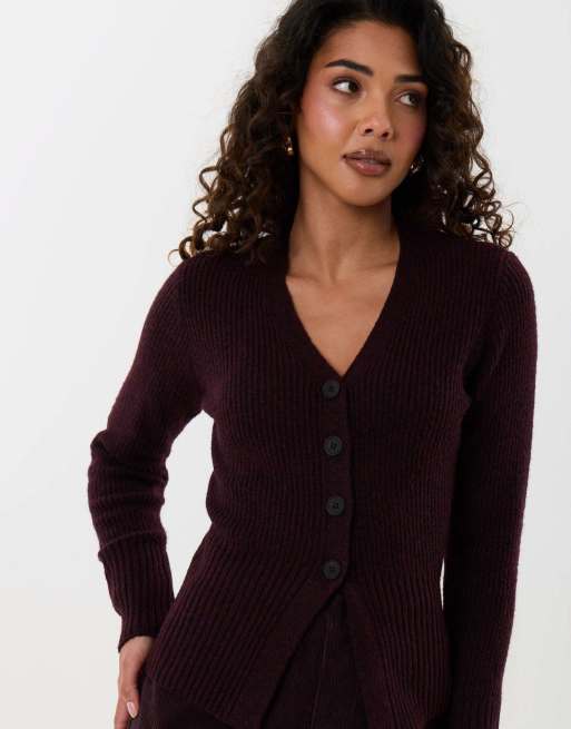 Threadbare V neck knitted cardigan in plum, 5 of 5
