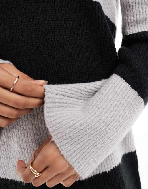 Threadbare v neck mini jumper dress in grey and black stripe, 4 of 4