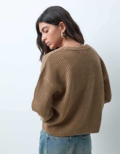 Threadbare v neck oversized cardigan with wide cuff turn up detail in tan, 3 of 5