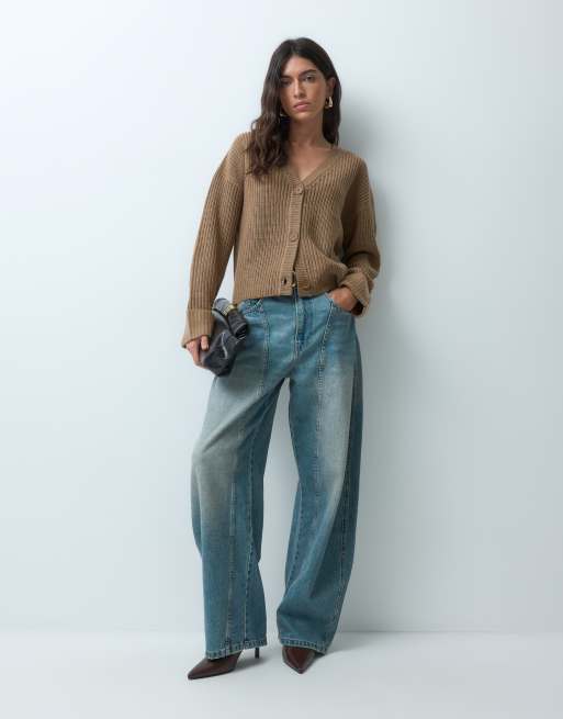Threadbare v neck oversized cardigan with wide cuff turn up detail in tan, 4 of 5