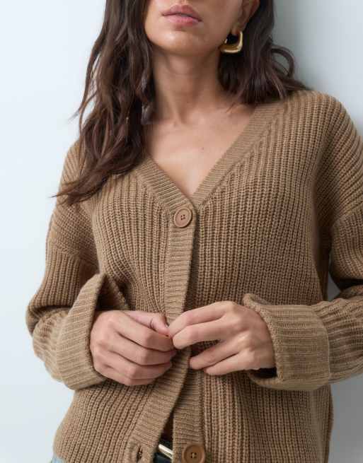 Threadbare v neck oversized cardigan with wide cuff turn up detail in tan, 5 of 5