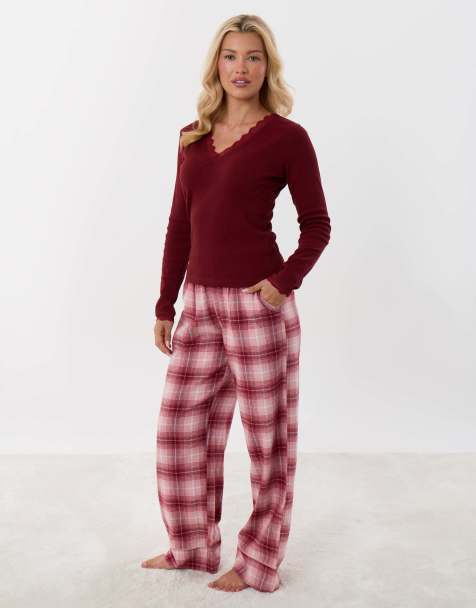 Threadbare V neck top & flannel bottoms pyjama set in burgundy check in burgundy - view 1