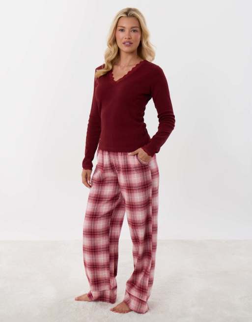 Threadbare V neck top & flannel bottoms pyjama set in burgundy check, 2 of 5