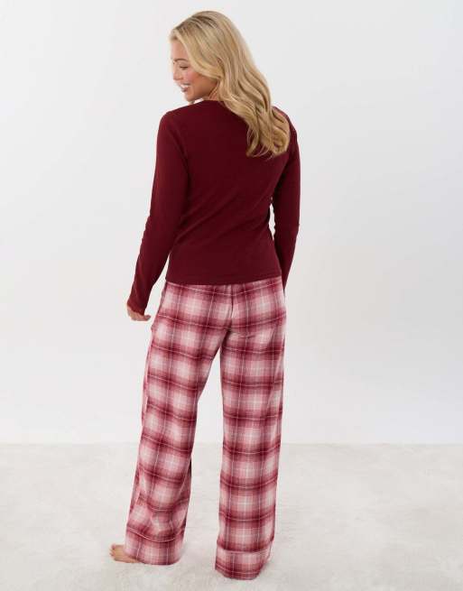 Threadbare V neck top & flannel bottoms pyjama set in burgundy check, 4 of 5