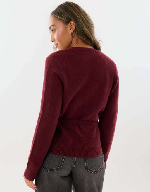 Threadbare V neck wrap cardigan in burgundy, 2 of 4