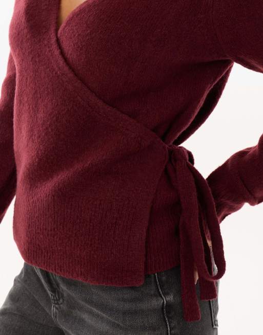 Threadbare V neck wrap cardigan in burgundy, 3 of 4