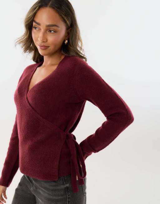 Threadbare V neck wrap cardigan in burgundy, 4 of 4