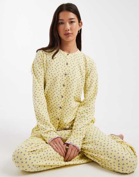 Threadbare valentines cotton mix button down pajama set with heart print in yellow and lilac - view 1
