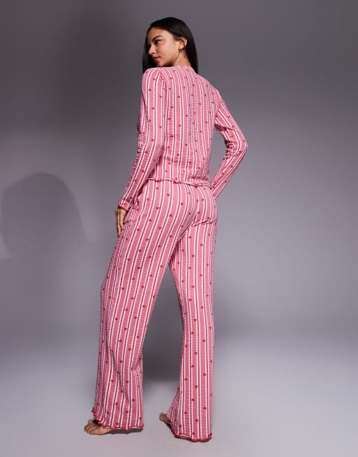 Threadbare Valentines cotton mix button down stripe pyjama set with hearts in pink and red, 3 of 4