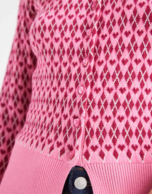 Threadbare valentines crew neck argyle heart print cardigan in pink, 4 of 4