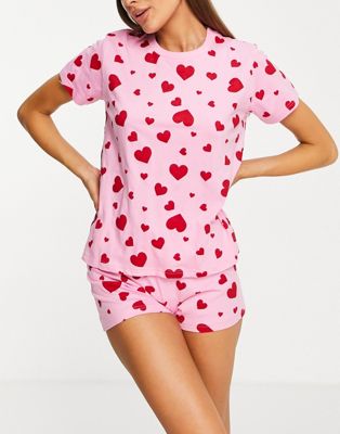 Threadbare hearts short pyjama set in pink and red