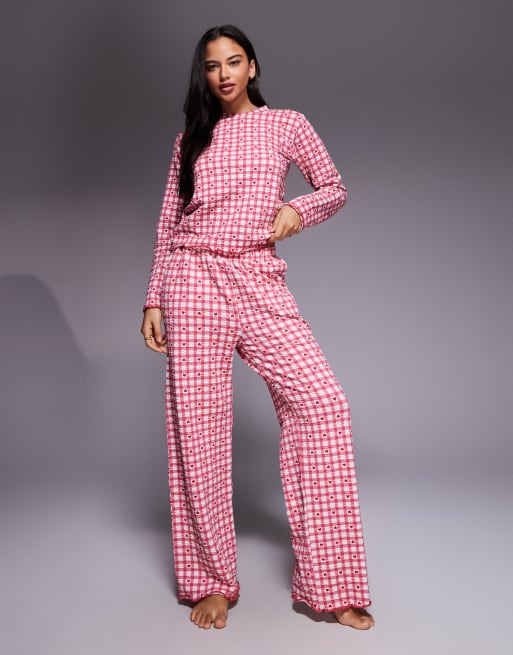 Threadbare – Valentinstag – Pyjama aus Baumwollmix mit Vichykaromuster und Herzchen in Rot und Weiß
