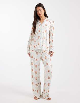 Threadbare - Valentinstag - Superweicher Pyjama in Ecru und Blau mit Bärchenmotiv und Knopfleiste-Weiß