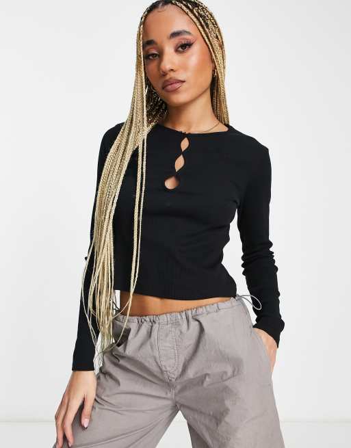Threadbare - Valeria - Crop top nero a coste con cut-out sul davanti
