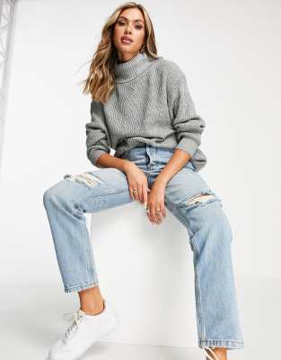 ASOS - Threadbare Valeria stitch detail high neck sweater in gray