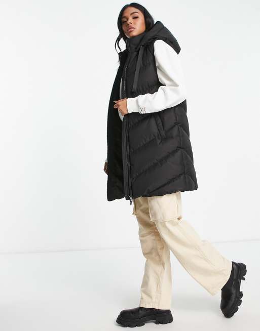 Threadbare Vamp longline padded gilet with hood in black | ASOS