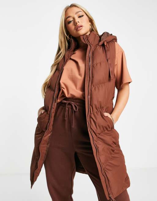 Threadbare Vamp longline padded gilet with hood in chocolate ASOS