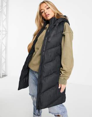 Threadbare Vamp Longline Padded Vest With Hood In Black