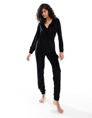 Threadbare velour lounge all in one in black