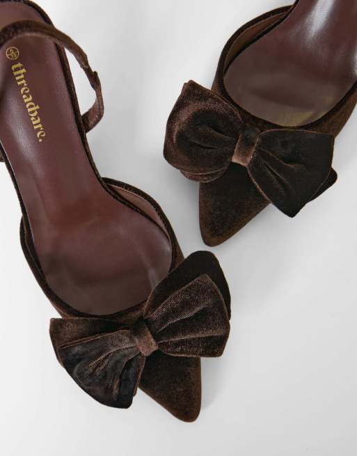 Threadbare Velvet bow kitten heels in chocolate brown, 4 of 5