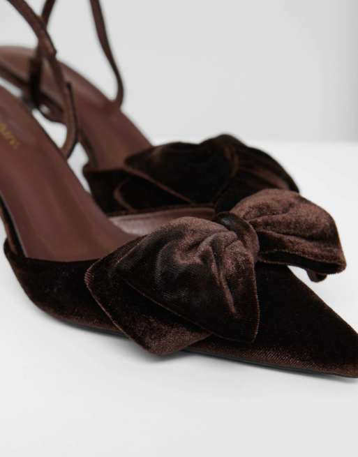 Threadbare Velvet bow kitten heels in chocolate brown, 5 of 5