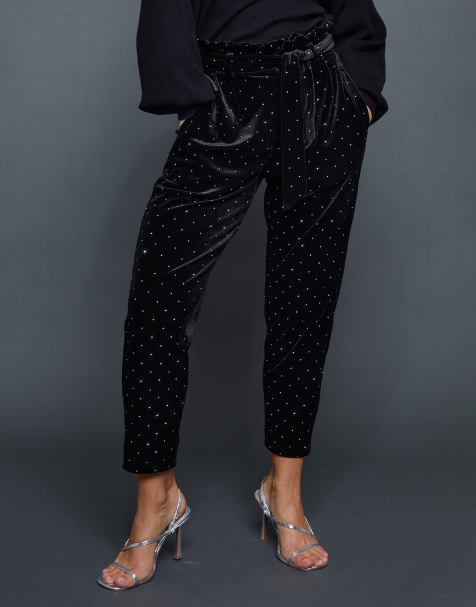 Threadbare Velvet hotfix paperbag waist trousers in black - view 1