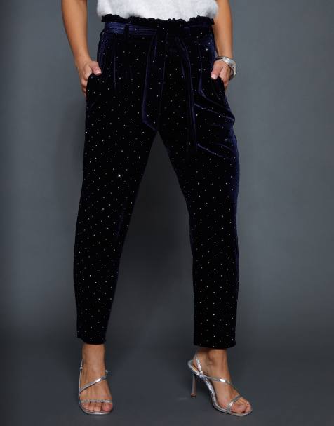 Threadbare Velvet hotfix paperbag waist trousers in navy