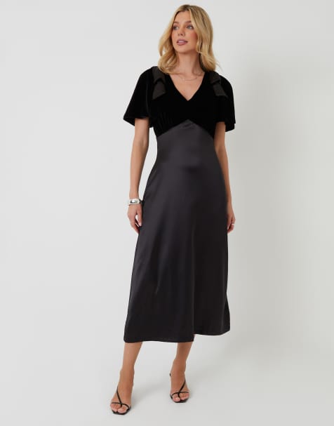 Threadbare Velvet satin mix flutter sleeve midi dress in black - view 1