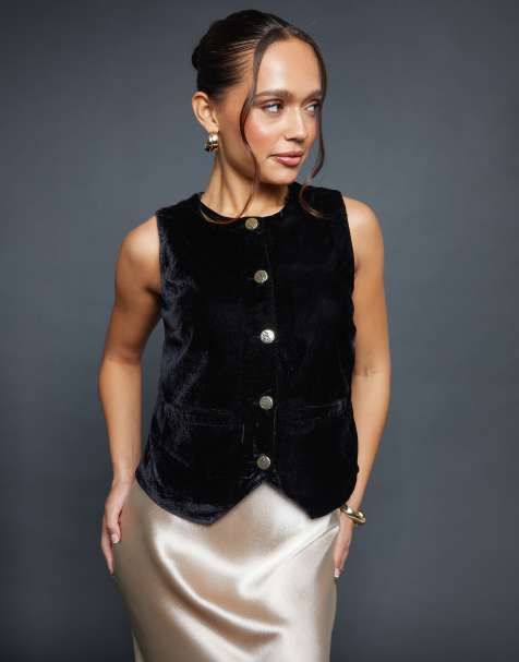 Threadbare Velvet split front waistcoat in black