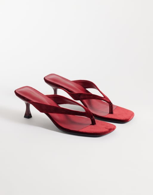 Threadbare velvet toe thong kitten heel sandals in red, 2 of 4