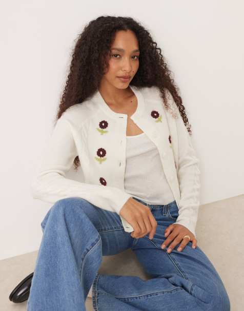 Threadbare - Vest met ronde hals en bloemenborduursels in ecru - view 1