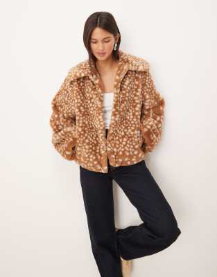 Threadbare - Veste en fausse fourrure à col oversize avec imprimé faon - Fauve-Brown