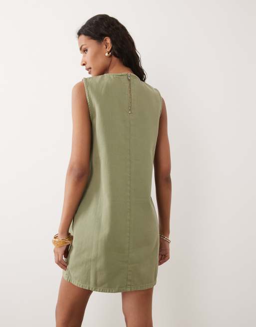 Threadbare - Vestido vaquero corto verde salvia sin mangas, 4 de 4