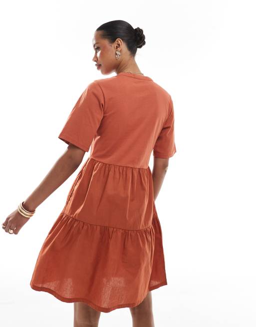 Threadbare - Vestito corto a maniche corte a balze con apertura a goccia in misto cotone arancione brunito, 4 di 4