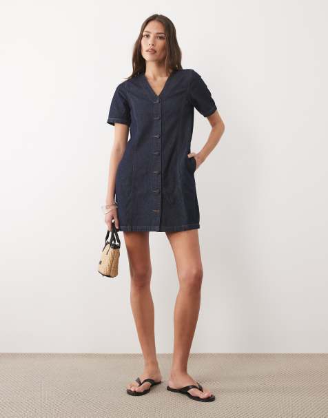 Threadbare - Vestito corto in denim blu indaco a maniche corte con bottoni - view 1