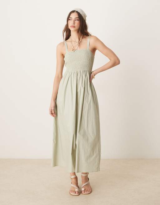 Threadbare - Vestito lungo verde con dettaglio arricciato e spalline sottili