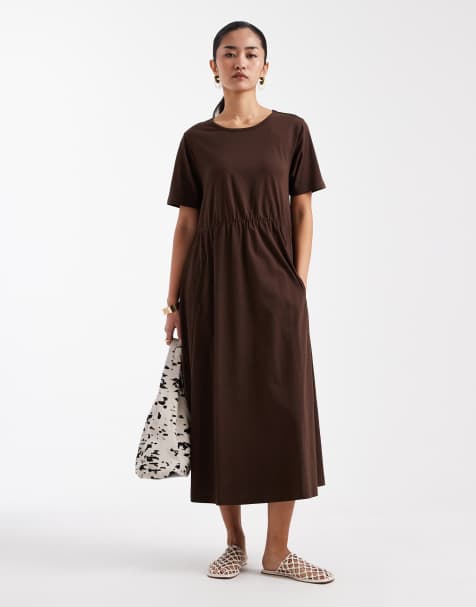 Threadbare - Vestito midi a maniche corte in jersey marrone cioccolato - view 1