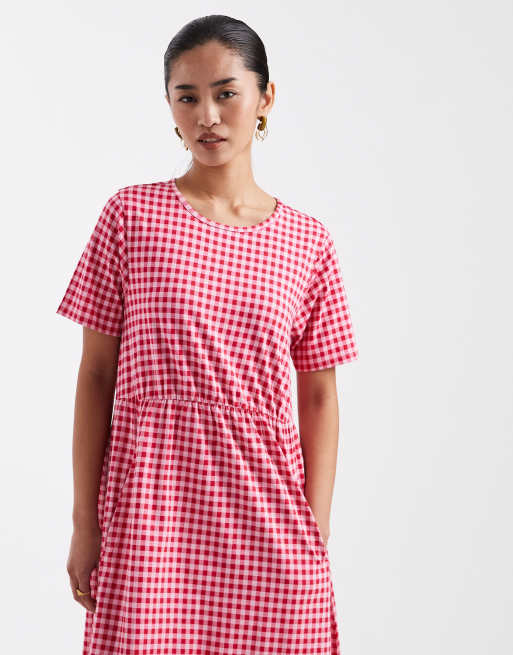 Threadbare - Vestito midi a maniche corte in jersey rosso e bianco a quadretti, 2 di 4