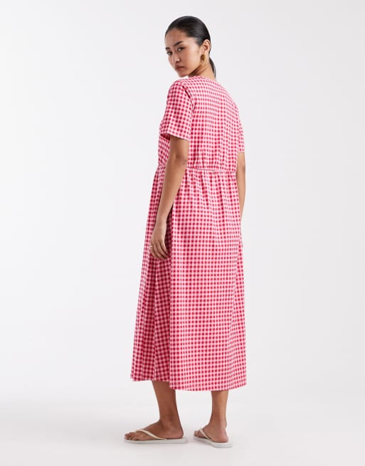 Threadbare - Vestito midi a maniche corte in jersey rosso e bianco a quadretti, 3 di 4