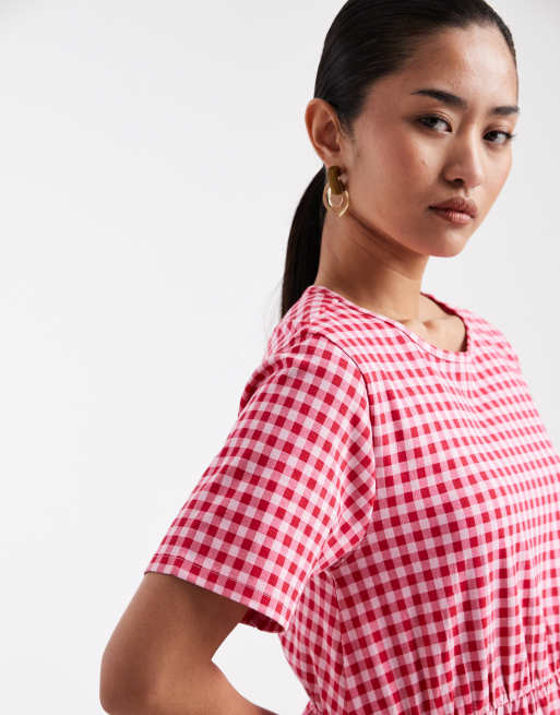 Threadbare - Vestito midi a maniche corte in jersey rosso e bianco a quadretti, 4 di 4