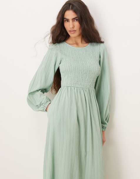 Threadbare - Vestito midi a maniche lunghe in tessuto effetto stropicciato color menta - view 1