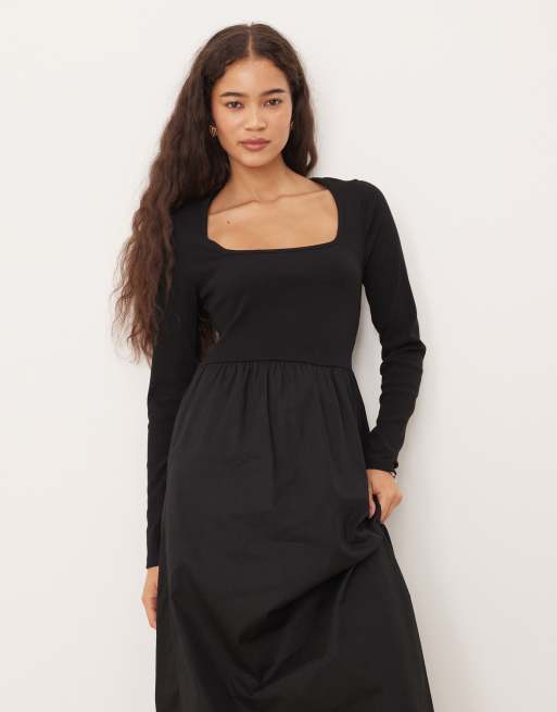 Threadbare - Vestito midi a maniche lunghe nero con scollo squadrato e gonna in popeline, 2 di 4