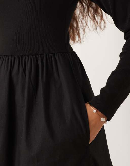 Threadbare - Vestito midi a maniche lunghe nero con scollo squadrato e gonna in popeline, 4 di 4